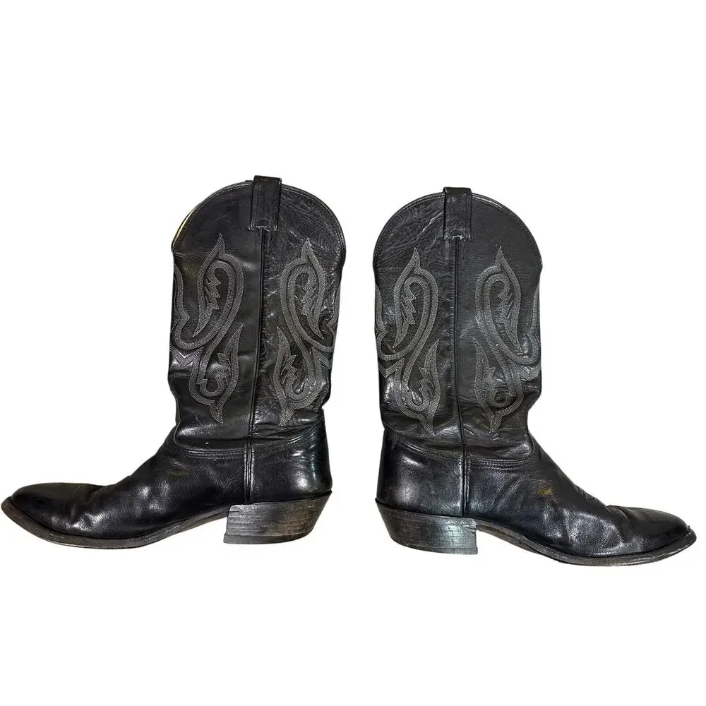Vtg 90s NOCONA Black Men's 9 100% Leather Cowboy Boots western flame stitch USA
